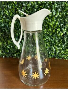 Vintage MCM Glass Syrup Pitcher Atomic Starburst Log Cabin Carafe